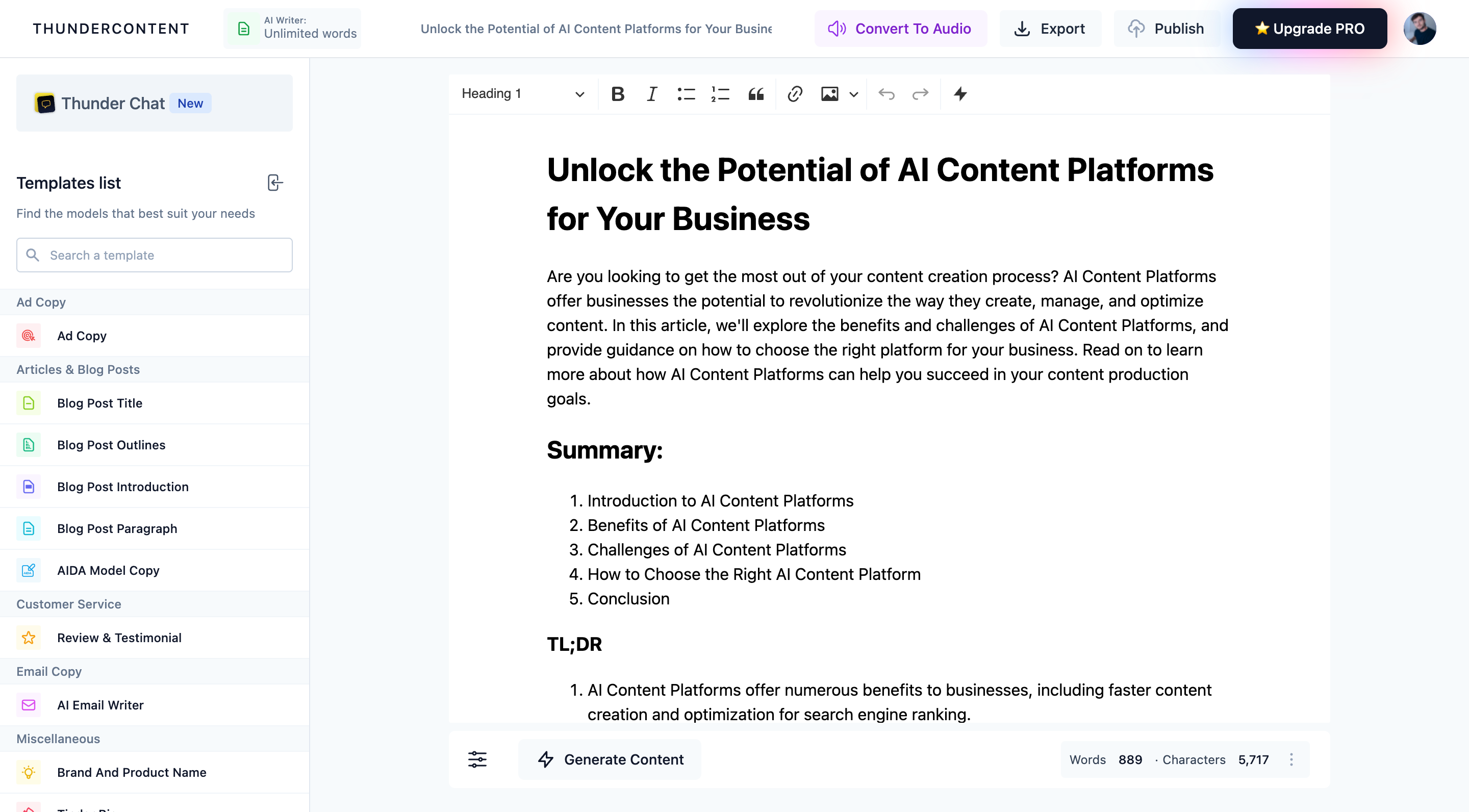 Preview AI writer Thundercontent
